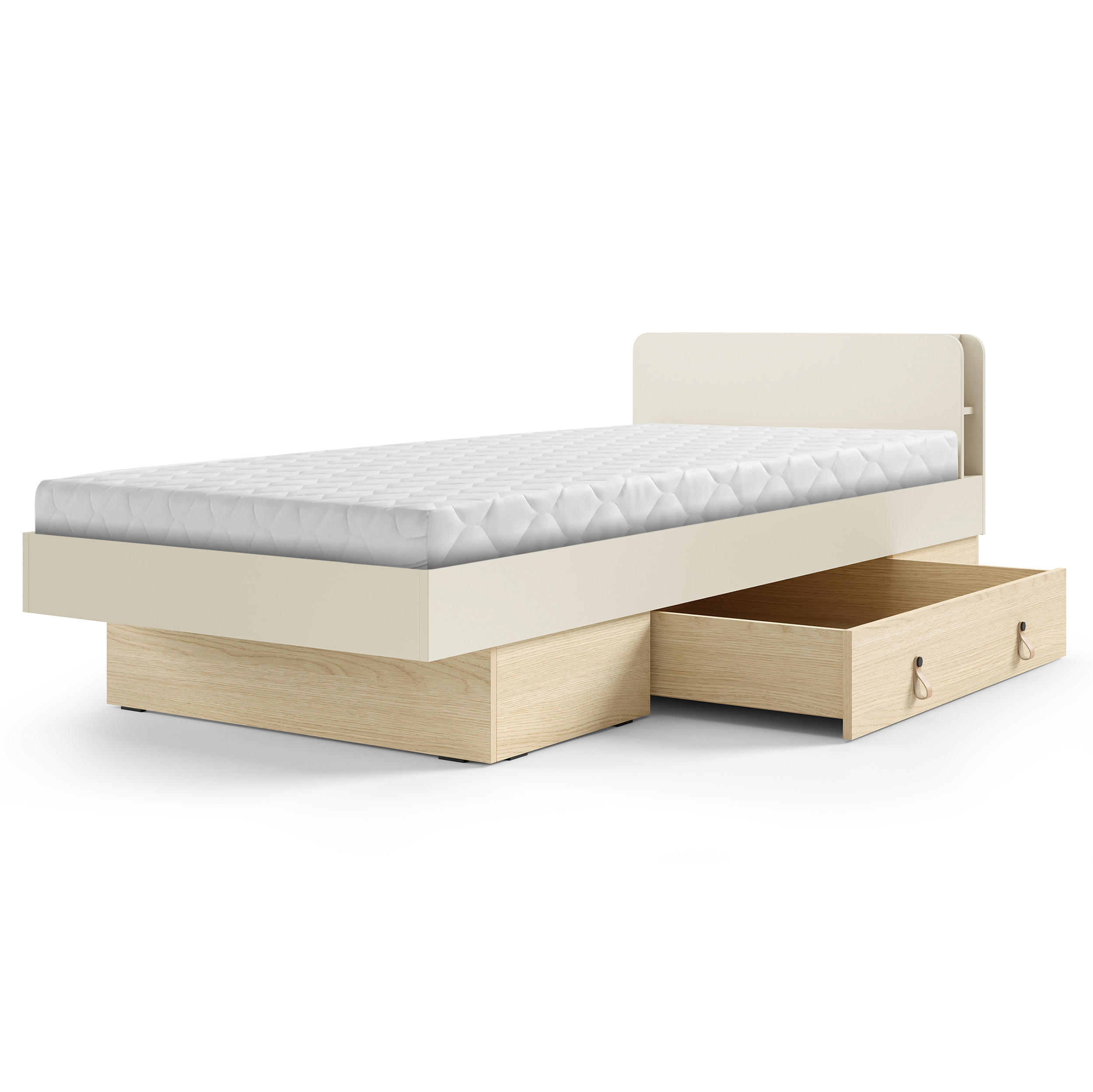BETT Sorella 90x200 cm mit Lattenrost und Bettkasten-Schublade, mit Matratze 26 cm, Macadamia + Eiche Mavelie - Eichefarben/Beige, Leder/Holzwerkstoff (90/200cm) - Beautysofa
