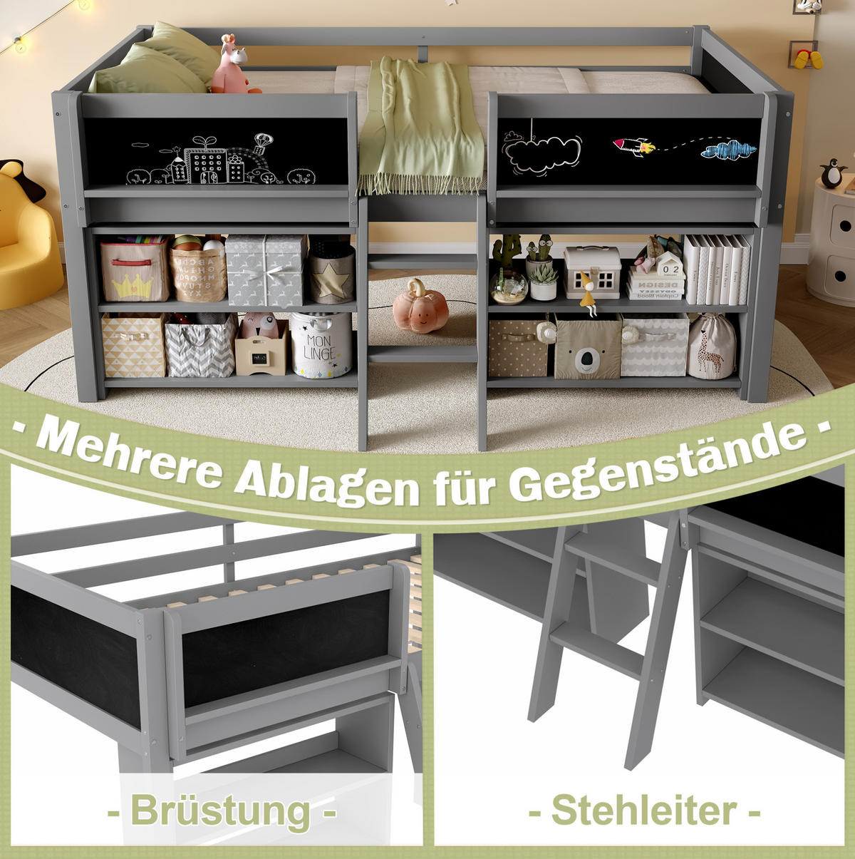 HALBHOHES Bett aus Kiefernholz und MDF 90x200 cm Grau mit Stauraum, Sicherheitsgeländer, Leiter und Zeichentafel - Grau, Holzwerkstoff (140/200cm) - Modfu