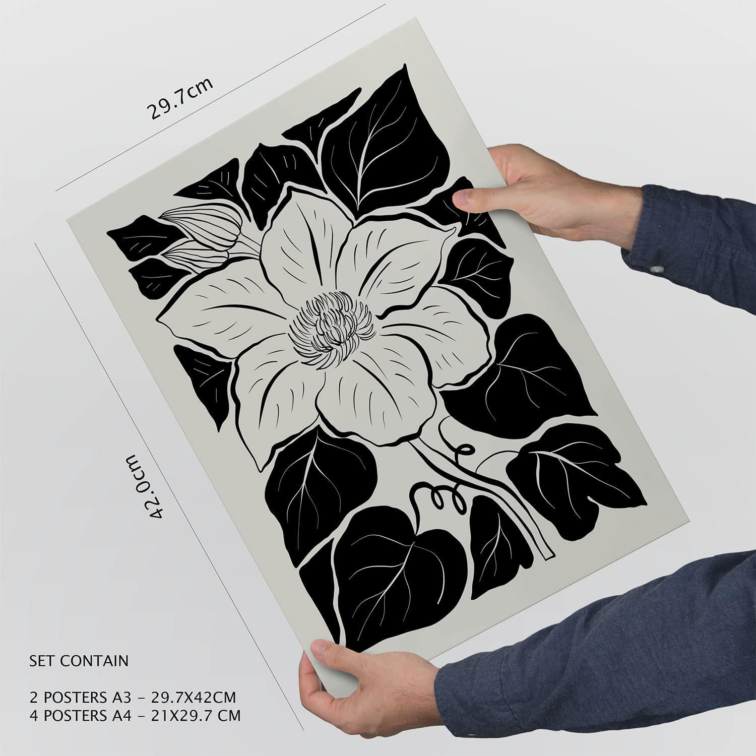 POSTER Set Mit 6 In Schwarzer Tinte Blumen Kunstdrucke Im Skizzenstil Für Innenarchitektur A3 & A4 Weißer Rahmen - Weiß, Papier (29/3cm) - Nacnic