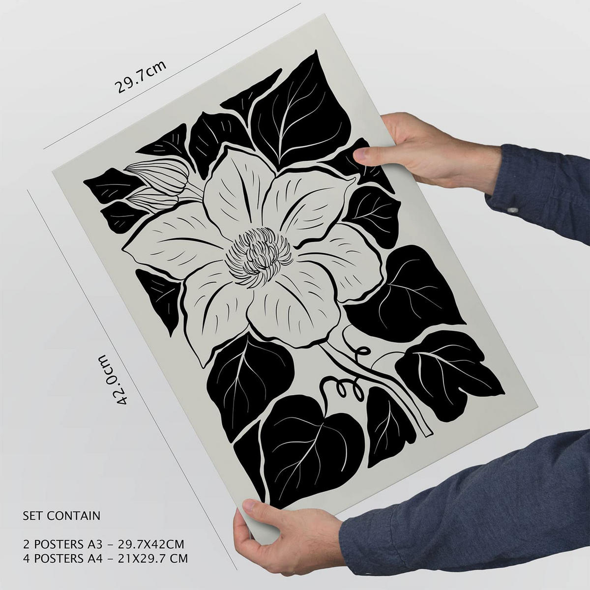 POSTER Set Mit 6 Schwarze Tinte Blumen Größe A3 & A4 Schwarzer Rahmen - Schwarz, Papier (29.7/1cm) - Nacnic