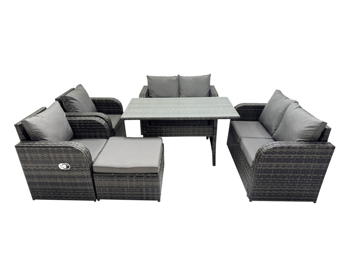 GARTENSET mit Zweisitzer,Hocker,Esstisch Polyrattan 7-Sitzer - Dunkelgrau/Grau, Glas/Kunststoff - Fimous