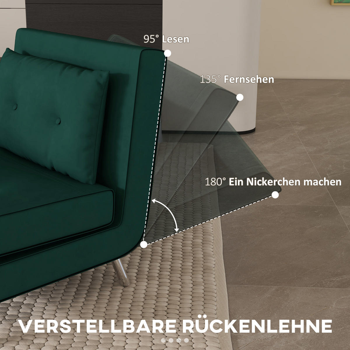 SCHLAFSESSEL Klappsessel mit Bettfunktion, Einzelsofa mit Kissen, Samtoptik Grün - Dunkelgrün/Silberfarben, Textil/Metall (88/83/77cm) - HOMCOM