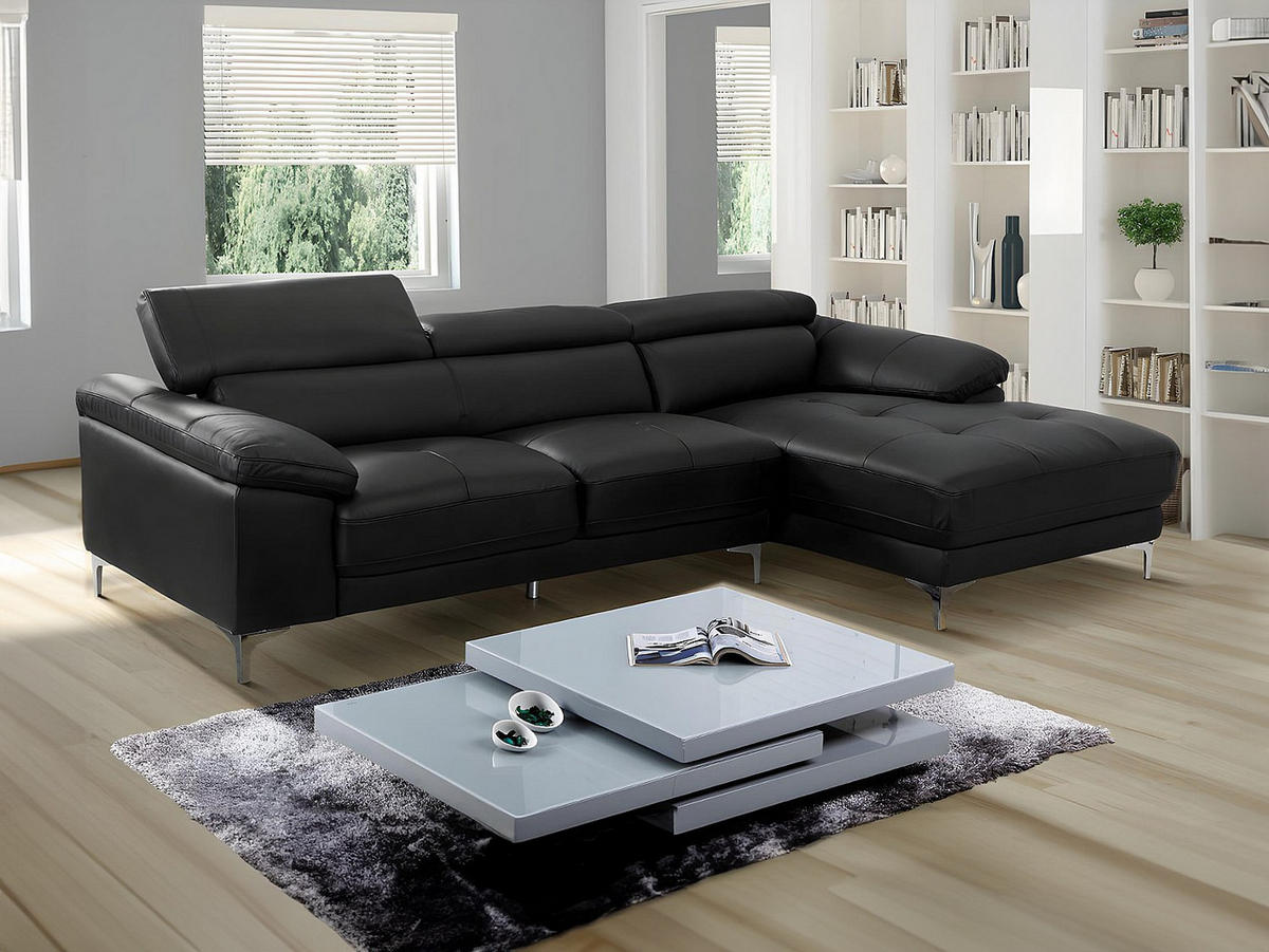 ECKSOFA - Ecke Rechts - Leder - Schwarz - SOLANGE - Schwarz, Leder (265/167cm) - Vente-Unique