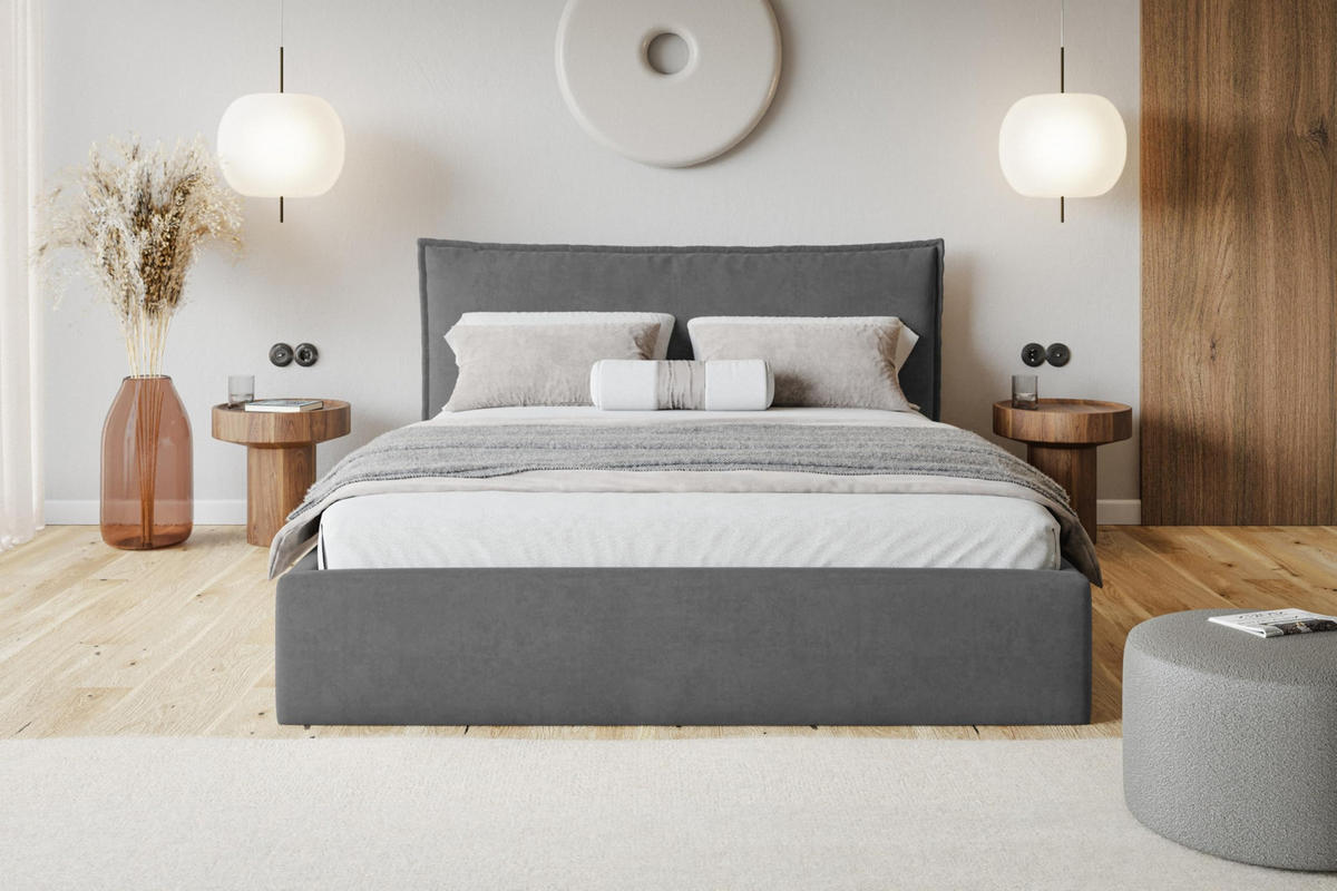 BETT 180x200 - Polsterbett mit Bettkasten und Metallrahmen - Modern Betten - Weicher Jasminstoff - Kollektion Rimini - Dunkelgrau - Dunkelgrau, Holz/Textil (180/200cm) - Alpi-Möbel