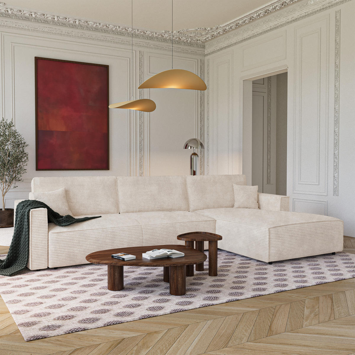 ECKSOFA rechtwinklig Cord Creme 297cm - Creme, Textil (297/167cm) - Premium Interiors