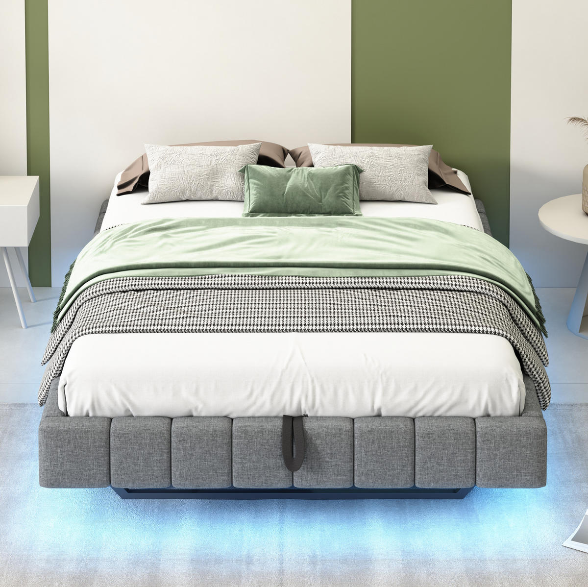 ČALÚNENÁ posteľ z ľanu 140x200 cm sivá s LED osvetlením a úložným priestorom - sivá, textil (140/200cm) - Modfu