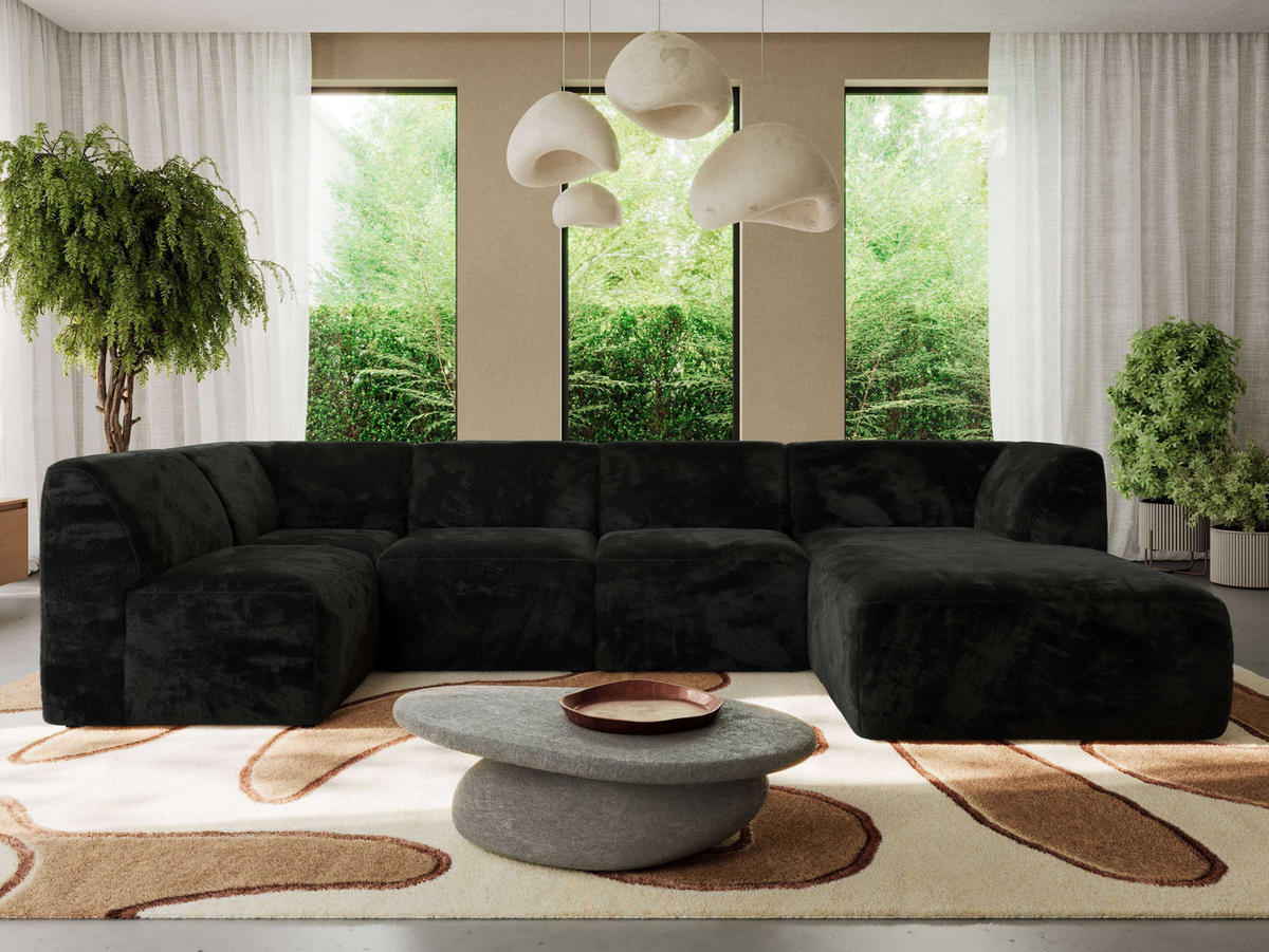 WOHNLANDSCHAFT MODARO U 5M - Schwarz Plüsch - Rechts - Schwarz, Textil (345/78/180cm) - MKS