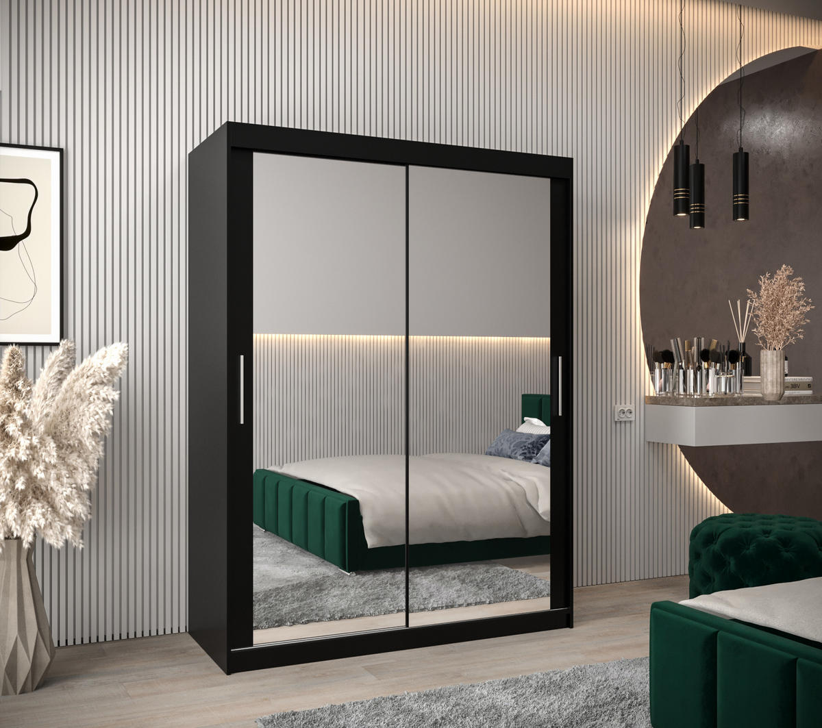 SCHWEBETÜRENSCHRANK 200/150/62 2-türig - Silberfarben/Schwarz, Holz/Kunststoff (150/200/62cm) - Abiks Möbel