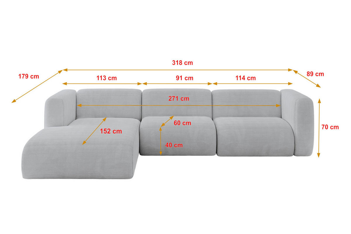 ECKSOFA Ottomane Links MIRA-L2 318x179x89 Grau Cord - Blaugrau/Schwarz, Holzwerkstoff/Kunststoff (318/179cm) - ALTDECOR