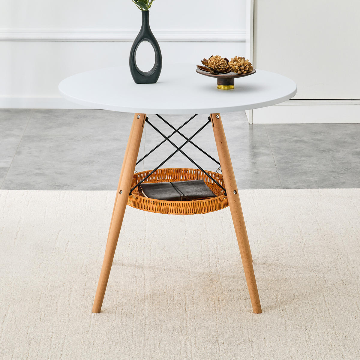 ESSTISCH in Naturfarben|Weiß Küchentisch mit MDF-Tischplatte, Massivholzbeinen und geflochtener Ablage, B80/T80/H71.5cm - Naturfarben/Weiß, Holzwerkstoff/Metall (80/80/71.5cm) - STILVORA