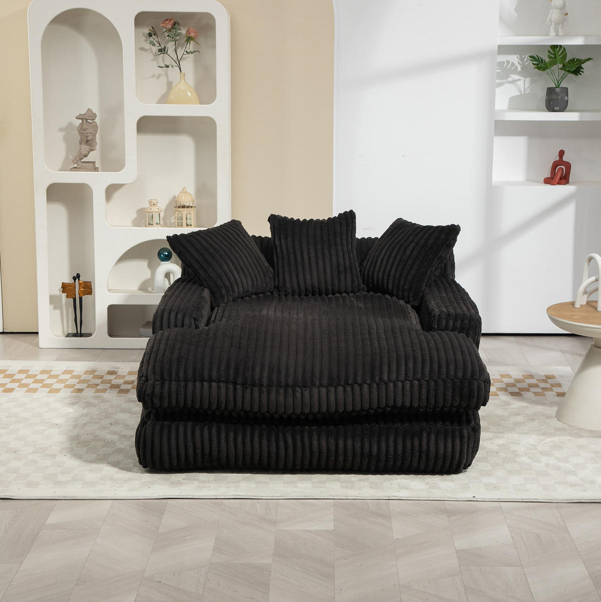BIGSOFA 125/155/63 cm in Schwarz – bodennahes Kordsofa mit 3 Kissen - Schwarz, Textil (63/125/155cm) - BEAOK