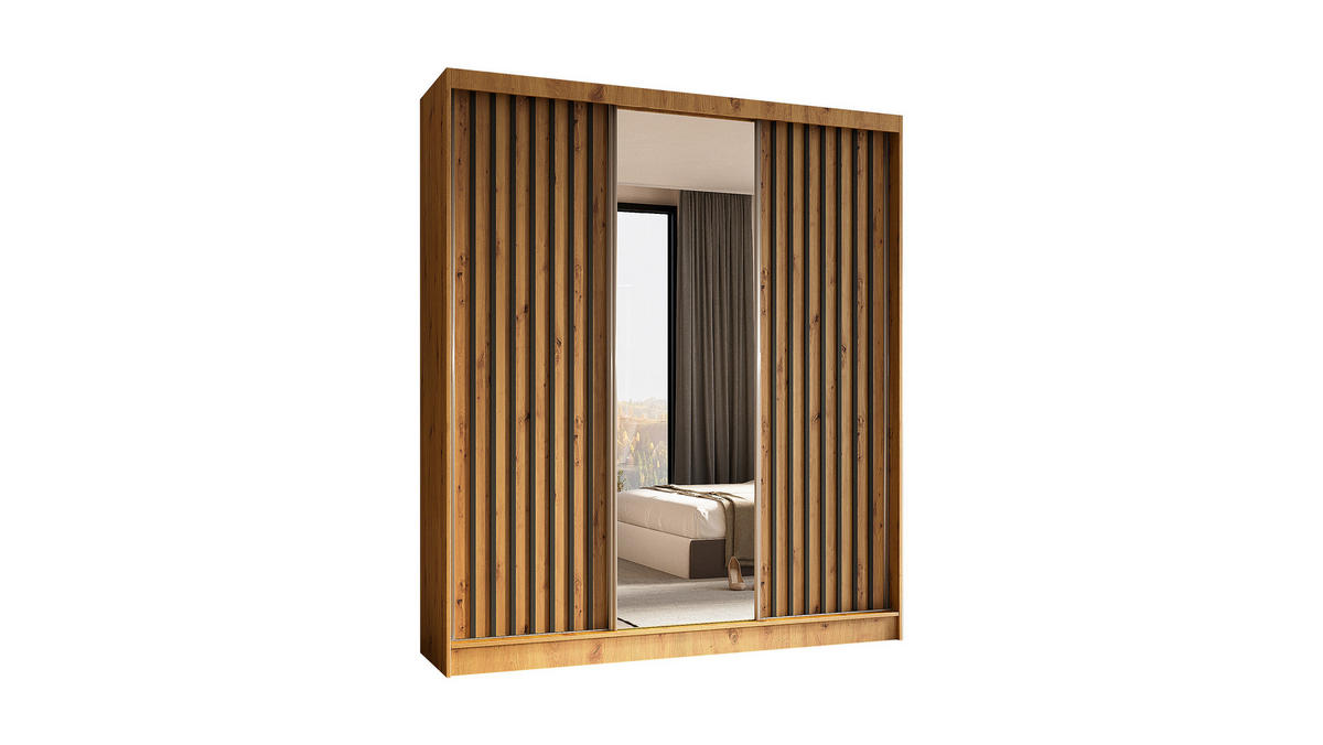 KLEIDERSCHRANK mit Spiegel-Schiebetüren und Aluminium-Leisten - LAMELO - 180 cm Artisan+Artisan+Schwarz - Schwarz/Eiche Artisan, Holzwerkstoff (180/216/61cm) - ALTDECOR