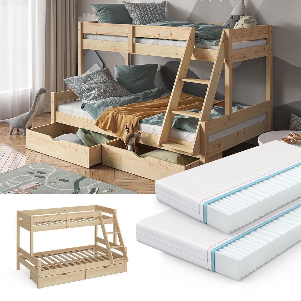 ETAGENBETT Everest Naturholz 120x200/80x200 cm mit 2 Matratzen und 2 Schubkästen - Eichefarben, Holz (120/200cm) - VitaliSpa