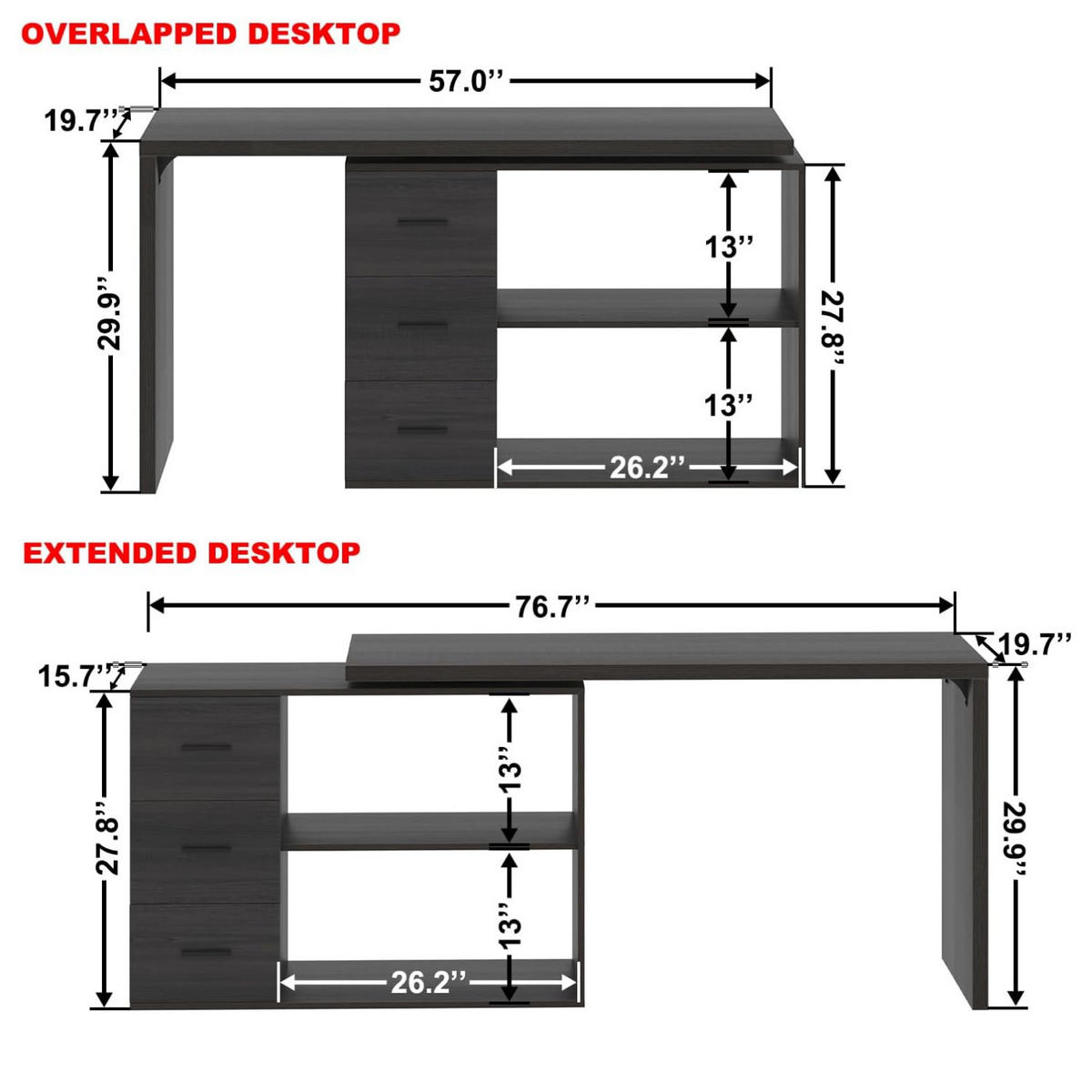 SCHREIBTISCH mit Schubladen flexibel 140 x 50 x 76 cm - Dunkelgrau, Holzwerkstoff/Metall (50/140/76cm) - Quality Elegance