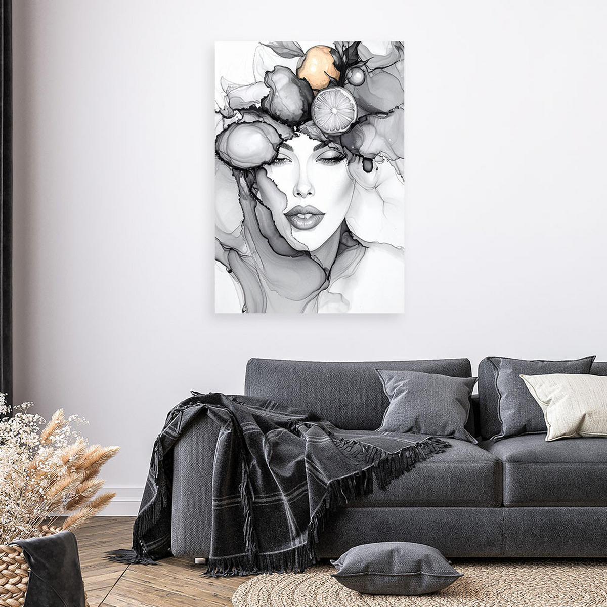 LEINWANDBILD Frau mit Früchten auf dem Kopf 70x100cm - Grau, Textil (70/100cm) - Feeby