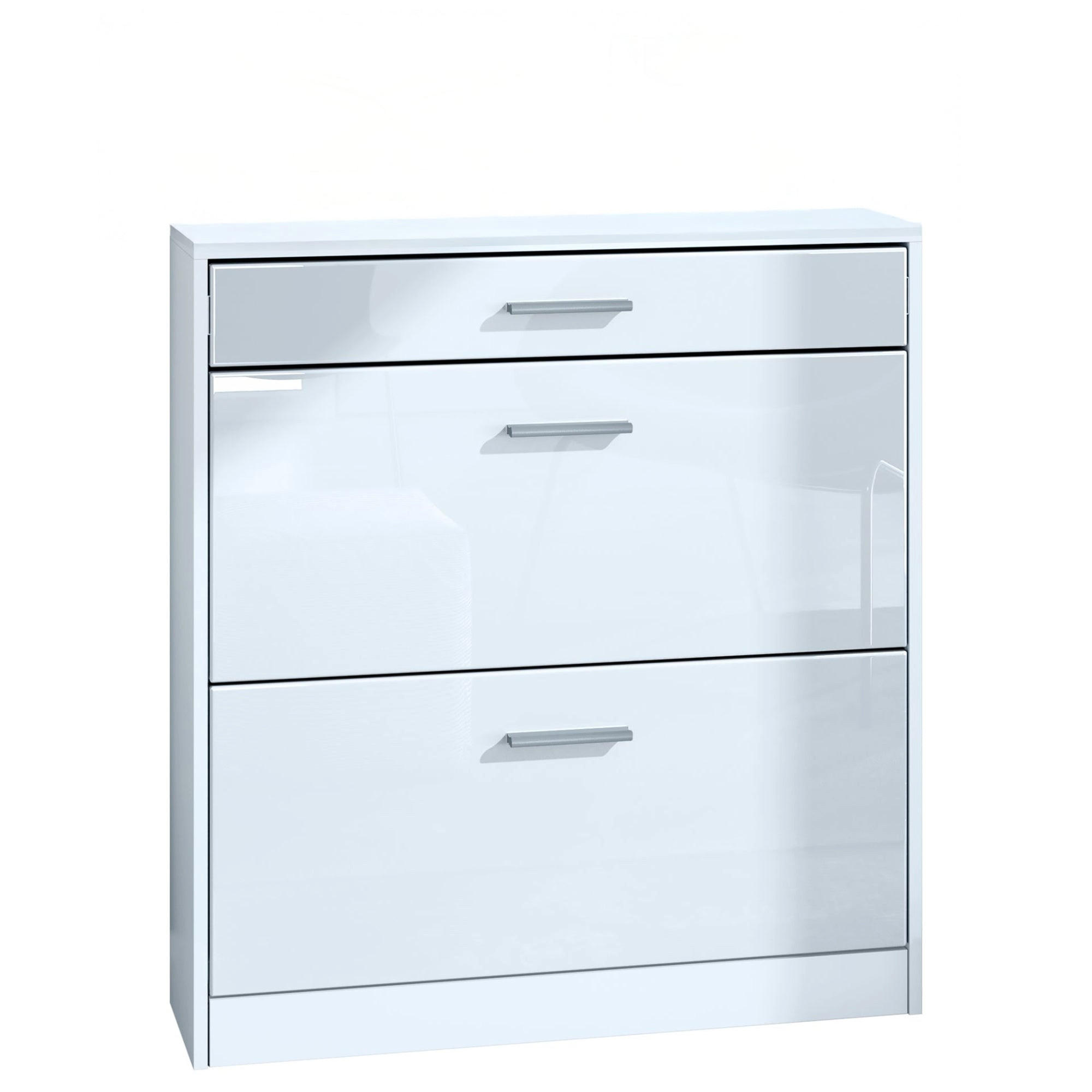 SCHUHSCHRANK Roma Schmal mit 2 Klappen und 1 Schublade, Platzsparender Schuhkipper, Weiß matt/Weiß Hochglanz (89 x 95,5 x 23 cm) - Weiß Hochglanz, Holzwerkstoff (89/95.5/23cm) - InnoFurn