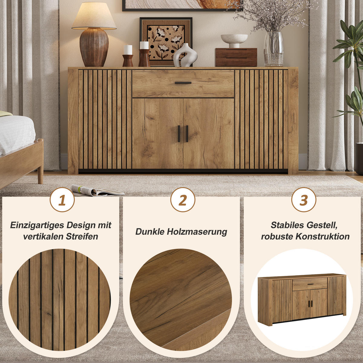 SIDEBOARD Holz 4 Türen 1 Schublade 160x40x75cm Stauraum - Eichefarben, Holzwerkstoff (40/75/160cm) - FLIEKS
