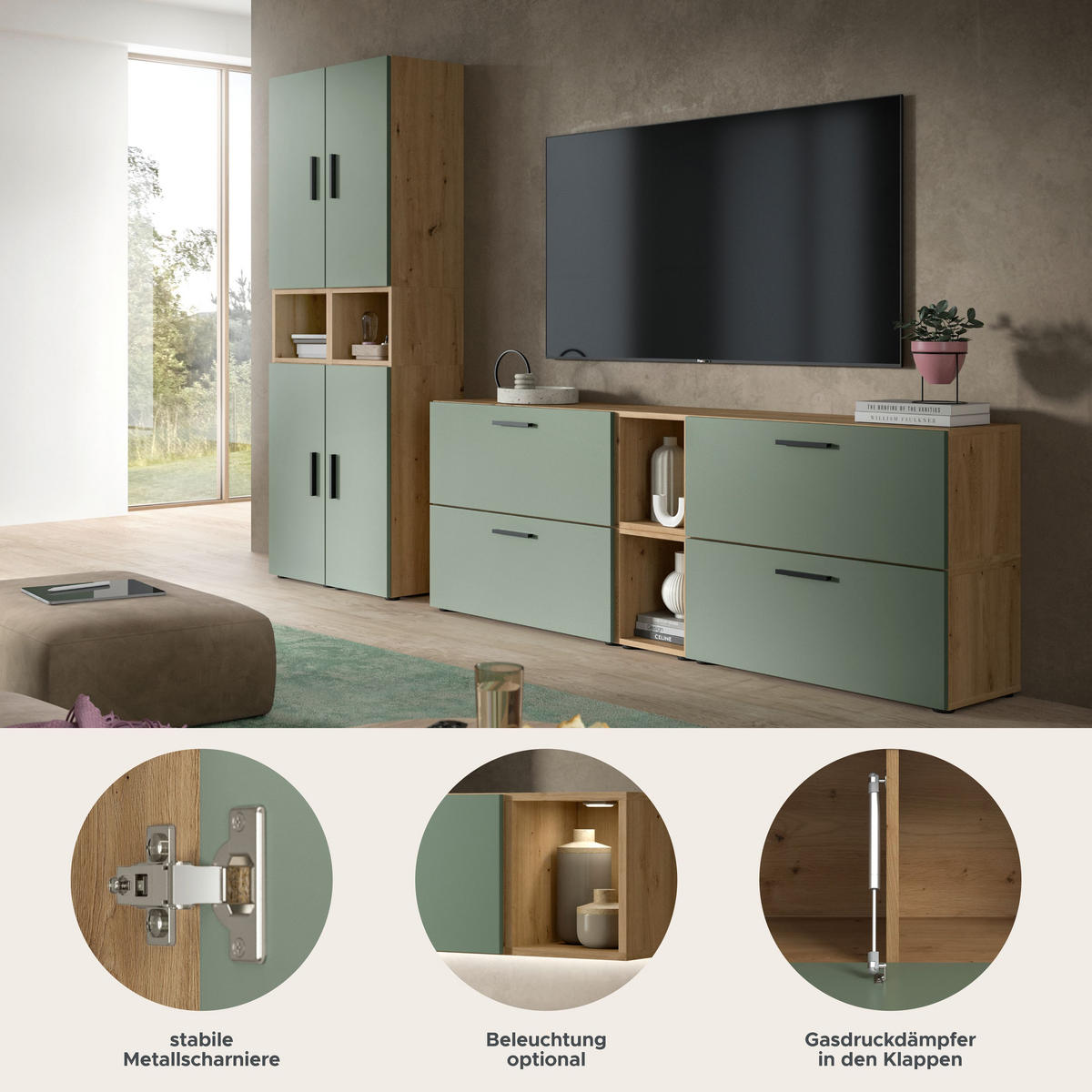 WOHNKOMBINATION THE ONE (B/H/T: ca. 259/182/34 cm) in Artisan Oak Nachbildung/Smoke Green - Eiche Artisan, Holzwerkstoff (259/182/34cm)