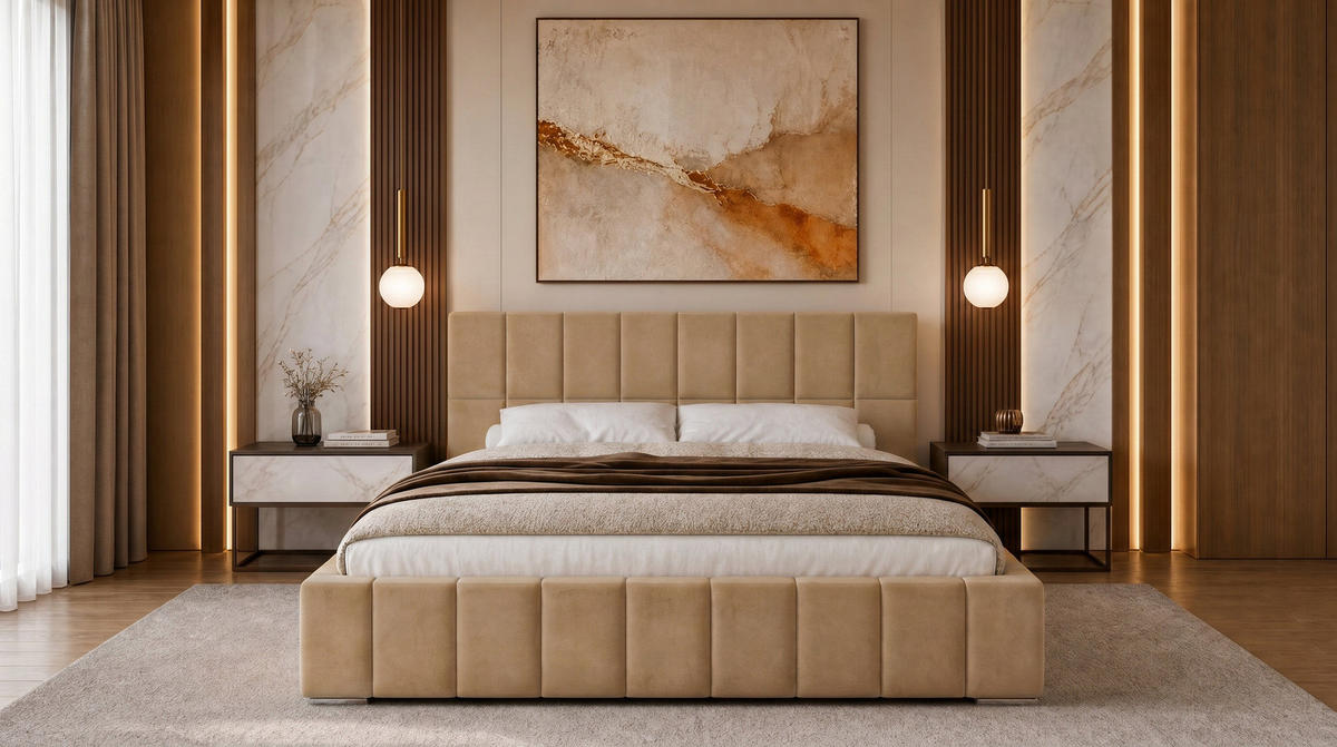POLSTERBETT 200x200 cm, Alma, Doppelbett mit Bettkasten, Lattenrost aus Holz, Velourstoff, Beige - Beige, Holz/Textil (200/200cm) - Marpur
