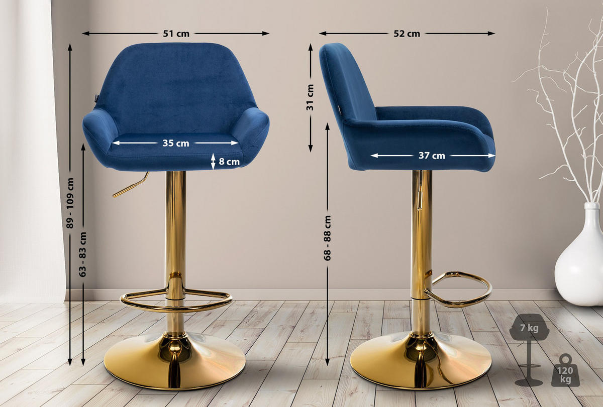 BARHOCKER 2er Set Prag Gold Samt blau - Blau/Goldfarben, Textil/Metall (51/109/52cm) - TPFLiving