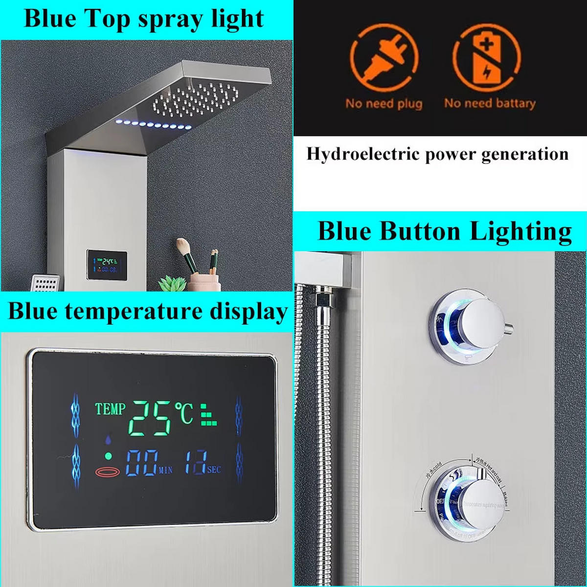 ÜBERKOPFBRAUSESET LED Mit Digitalanzeige, Gebürstetes Nickel - Silberfarben, Metall (20/124/52cm) - Kaket