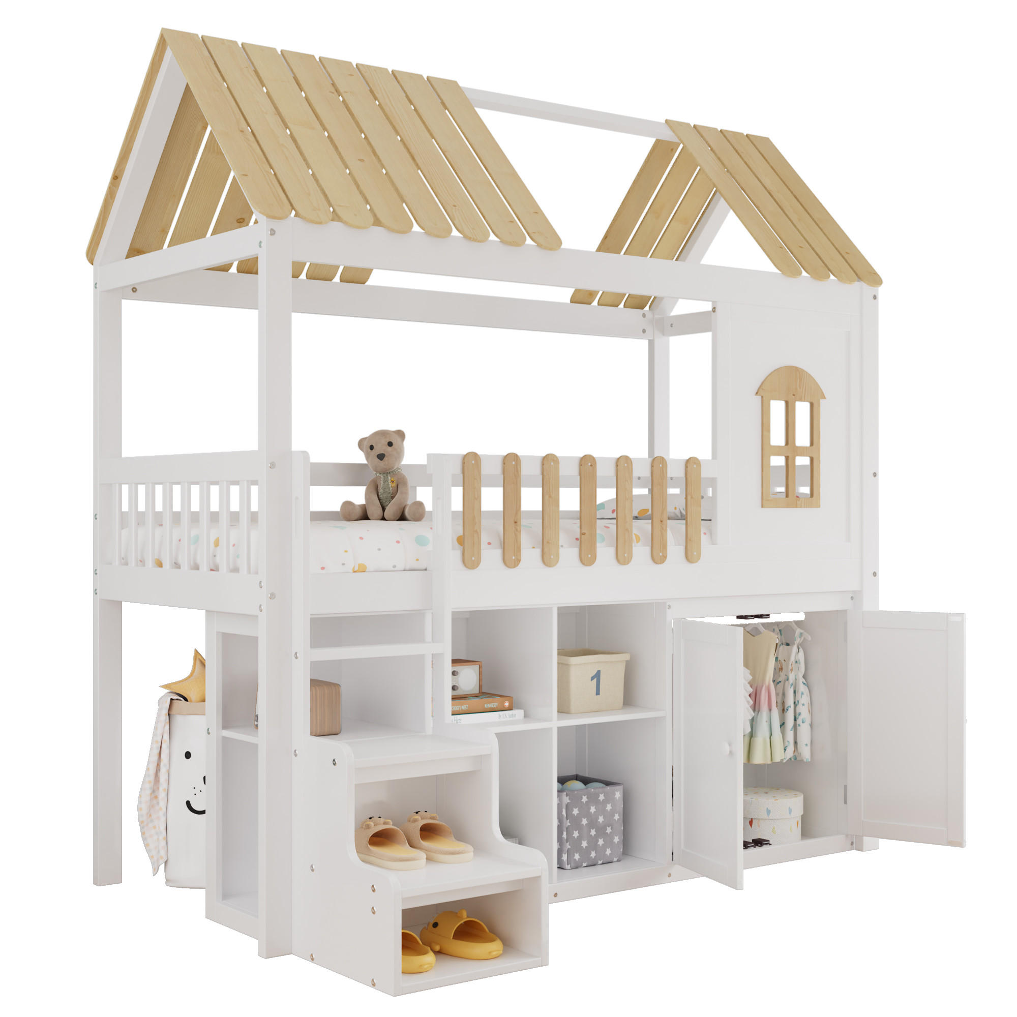 ETAGENBETT 90/200 cm in Weiß & Natur mit Regal, Schrank und Treppe - Weiß/Naturfarben, Holz/Holzwerkstoff (90/200cm) - WISHDOR