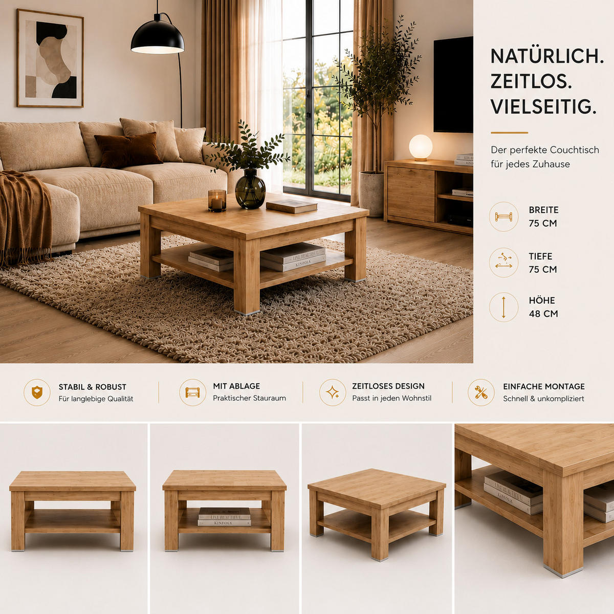 COUCHTISCH Quadratisch Ablage Eiche San Remo matt 75/48/75 cm - Eiche San Remo, Holzwerkstoff (75/75/48cm) - designimpex