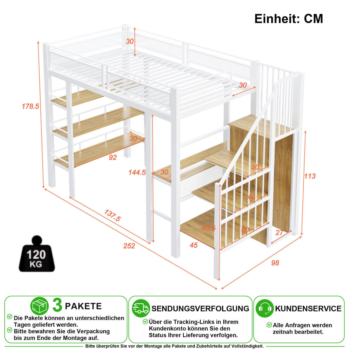 HOCHBETT 90/200 cm in Weiß mit Regal, Schreibtisch und LED - Weiß, Holzwerkstoff/Metall (90/200cm) - CHICFURN