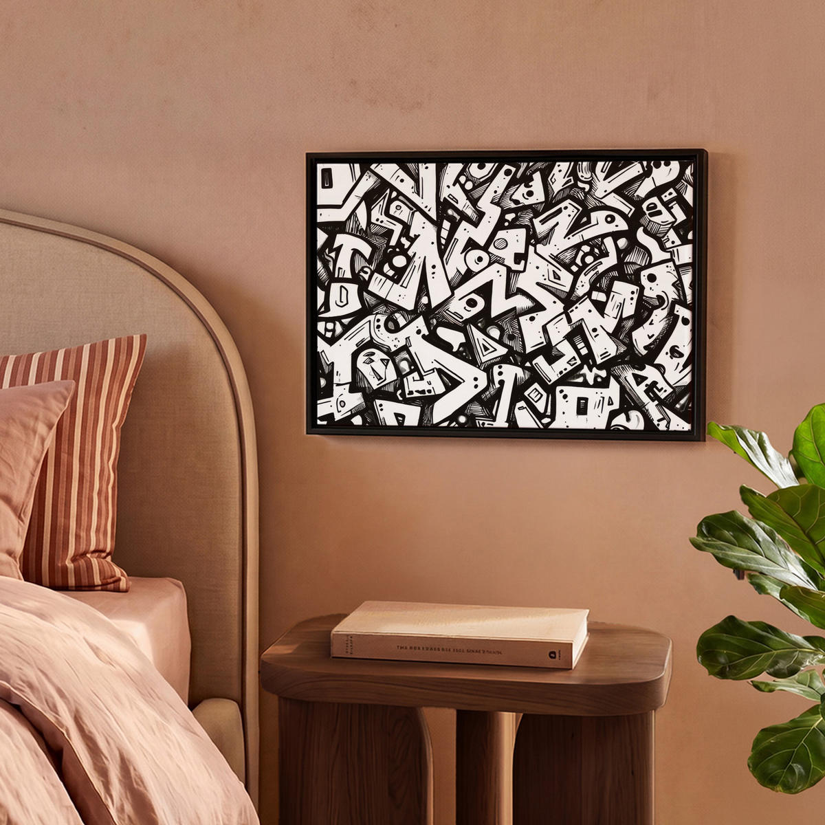 LEINWAND Bilder mit Rahmen - Formen - Buchstaben - Graffiti - Schwarz - 40x30 - Schwarz, Textil (40/30cm) - MuchoWow