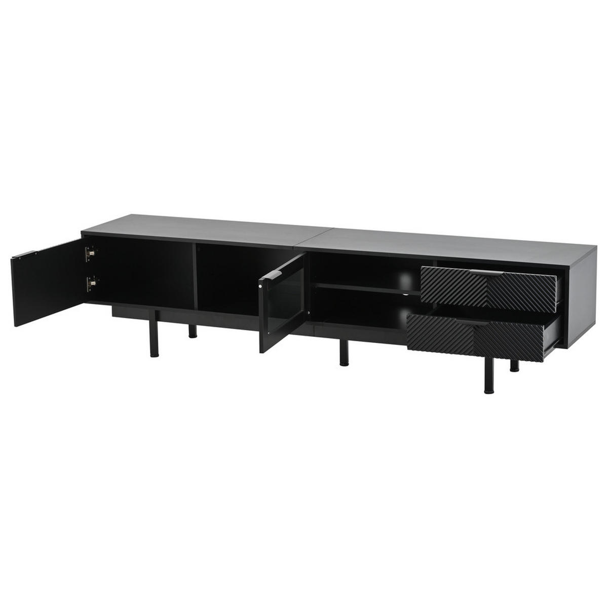 TV-SCHRANK 200x40cm Modern Schwarz 2 Türen 2 Schubladen Stauraum bis 80 Zoll - Schwarz, Holz (46.02/19.3/71.12cm) - FLIEKS