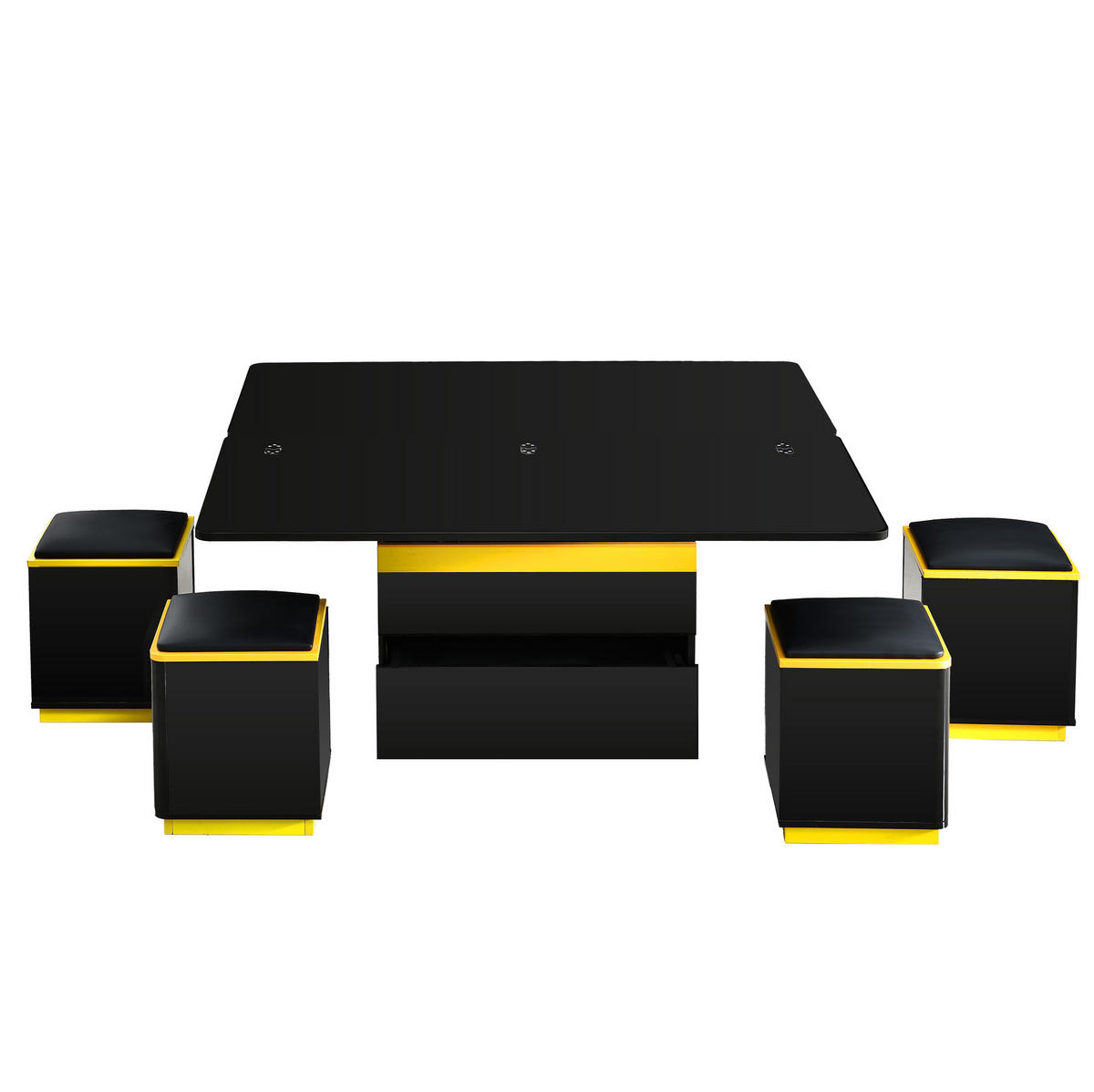 COUCHTISCH aus MDF und Spanplatte 100x50x43 cm Schwarz-Gelb mit Klappfunktion, Stauraum und 4 Hockern - Schwarz, Holzwerkstoff (100/50/43cm) - IVMEU