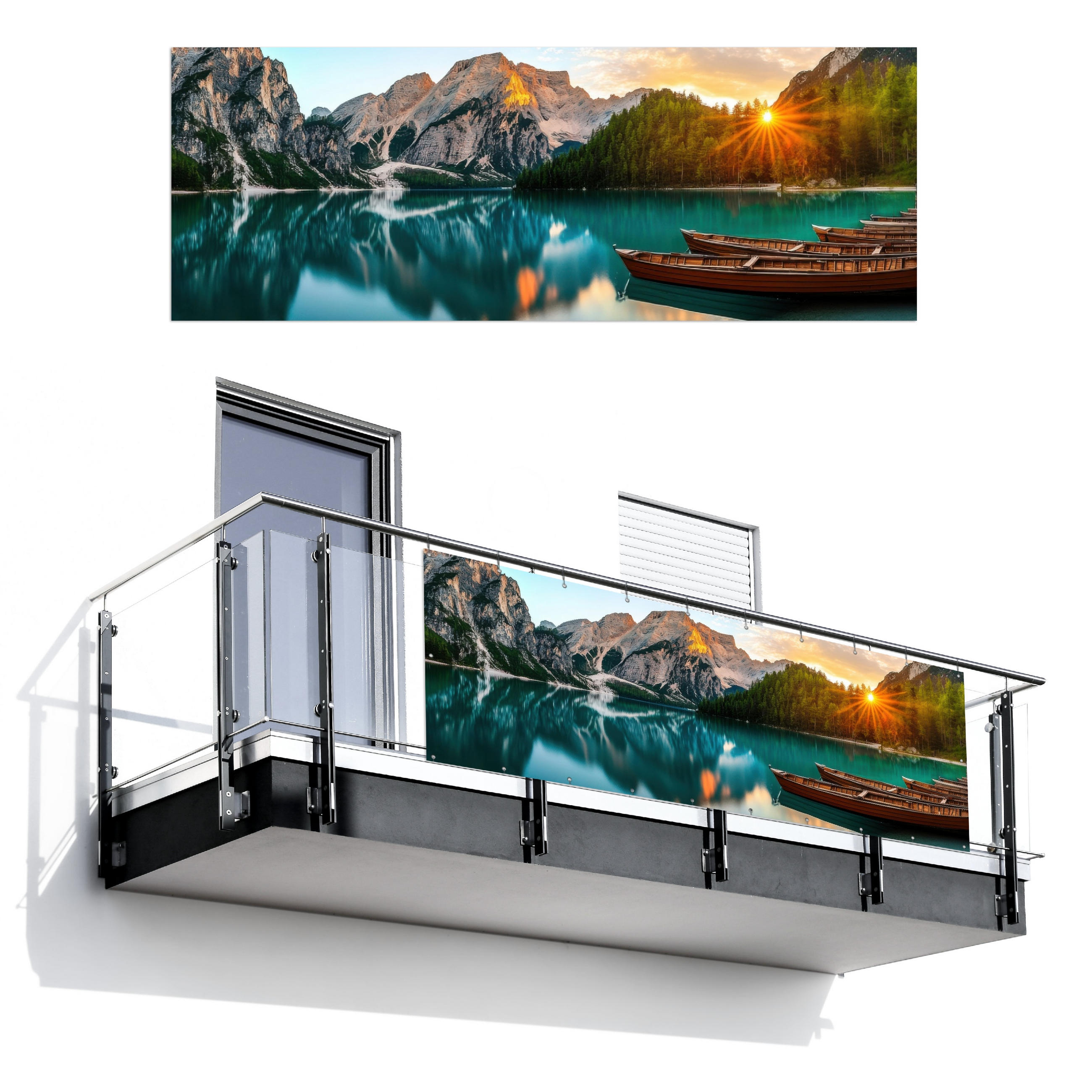 MuchoWow BALKONOVÁ ZÁSTĚNA Jezero - Hory - Západ slunce - Loď 300x110 cm