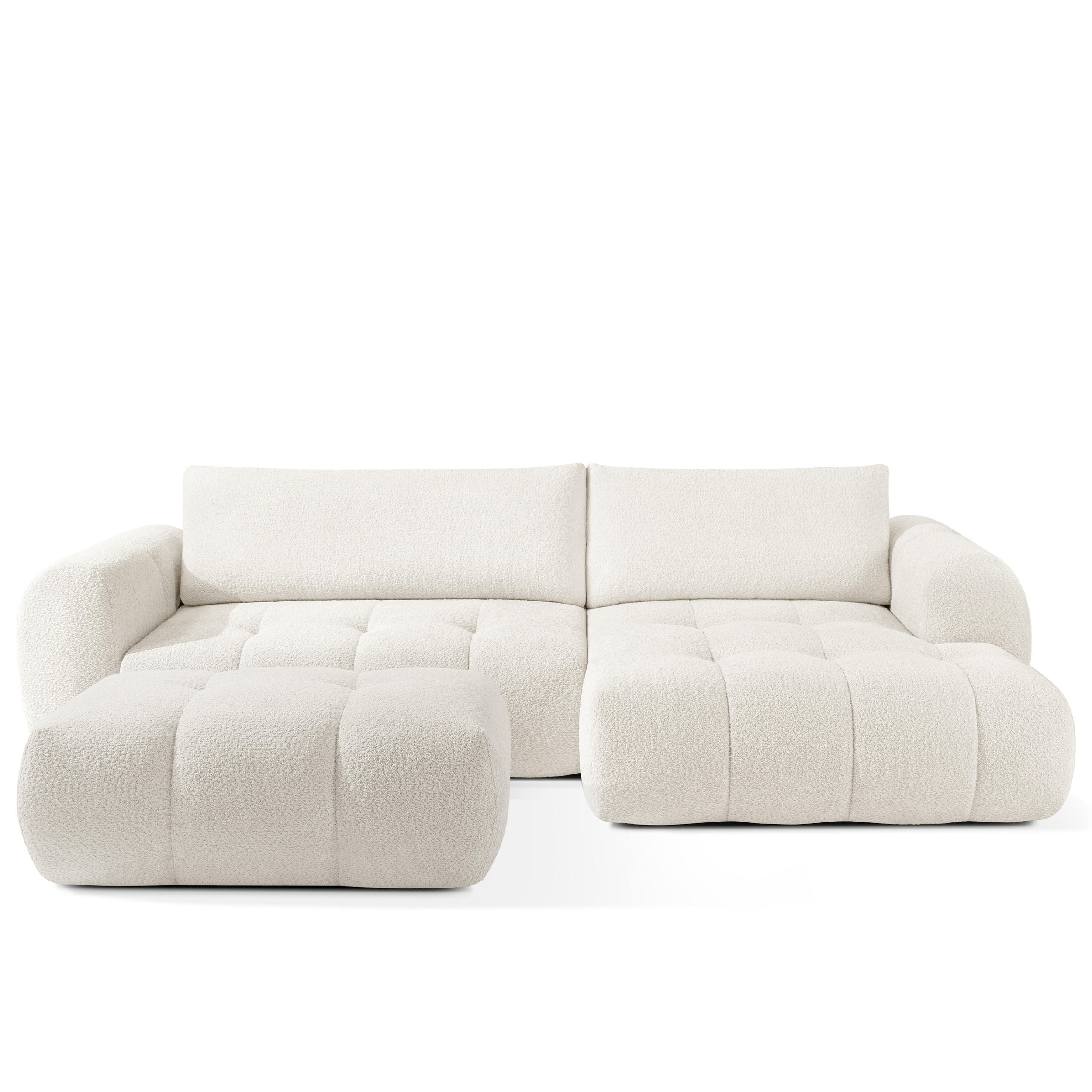 ECKSOFA MIT HOCKER LIRA, Weiß, Bouclé - Weiß, Holz/Holzwerkstoff (96/50cm) - KONSIMO®