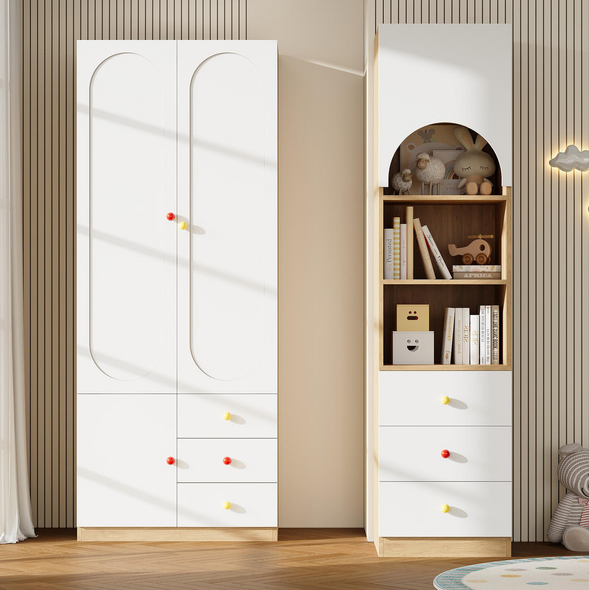 KLEIDERSCHRANK-SET aus MDF 80x45x200 cm und 50x50x200 cm Weiß/Natur mit Schubladen, Regal und Anti-Kipp-Schutz - Weiß, Holzwerkstoff (130/200/50cm) - Modfu