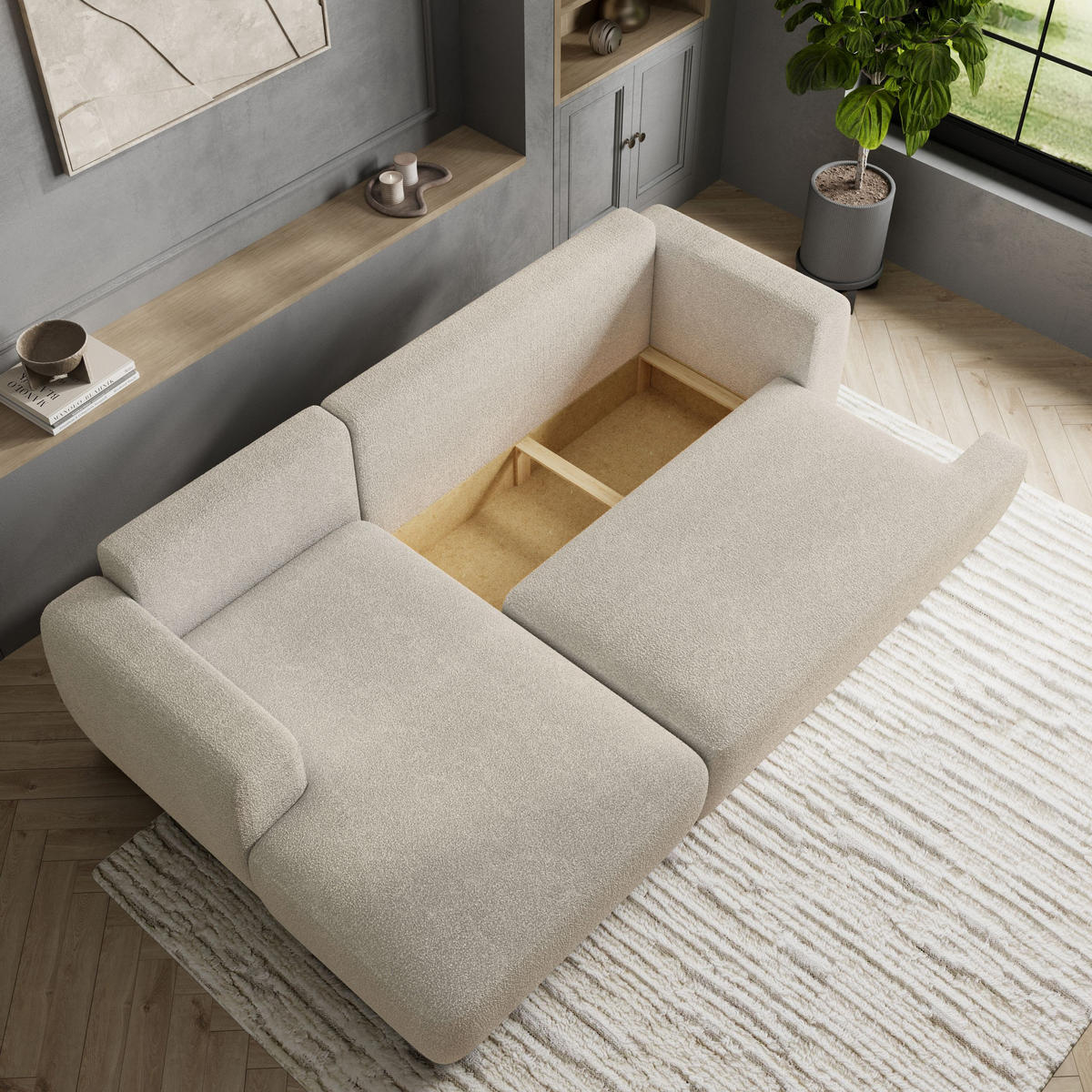 ECKSOFA SENTI N L-S Schwarz Boucle-Stoff mit Schlaffunktion - Schwarz, Holz (246/148cm) - MASSENO