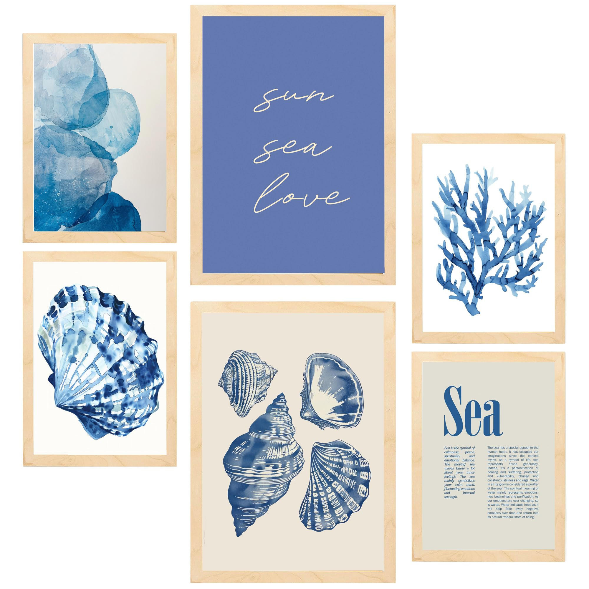 POSTER Set Mit 6 Marineblau Blau Meer Sommer A3 & A4 Rahmen Aus Hellem Holz - Beige, Papier (29/3cm) - Nacnic