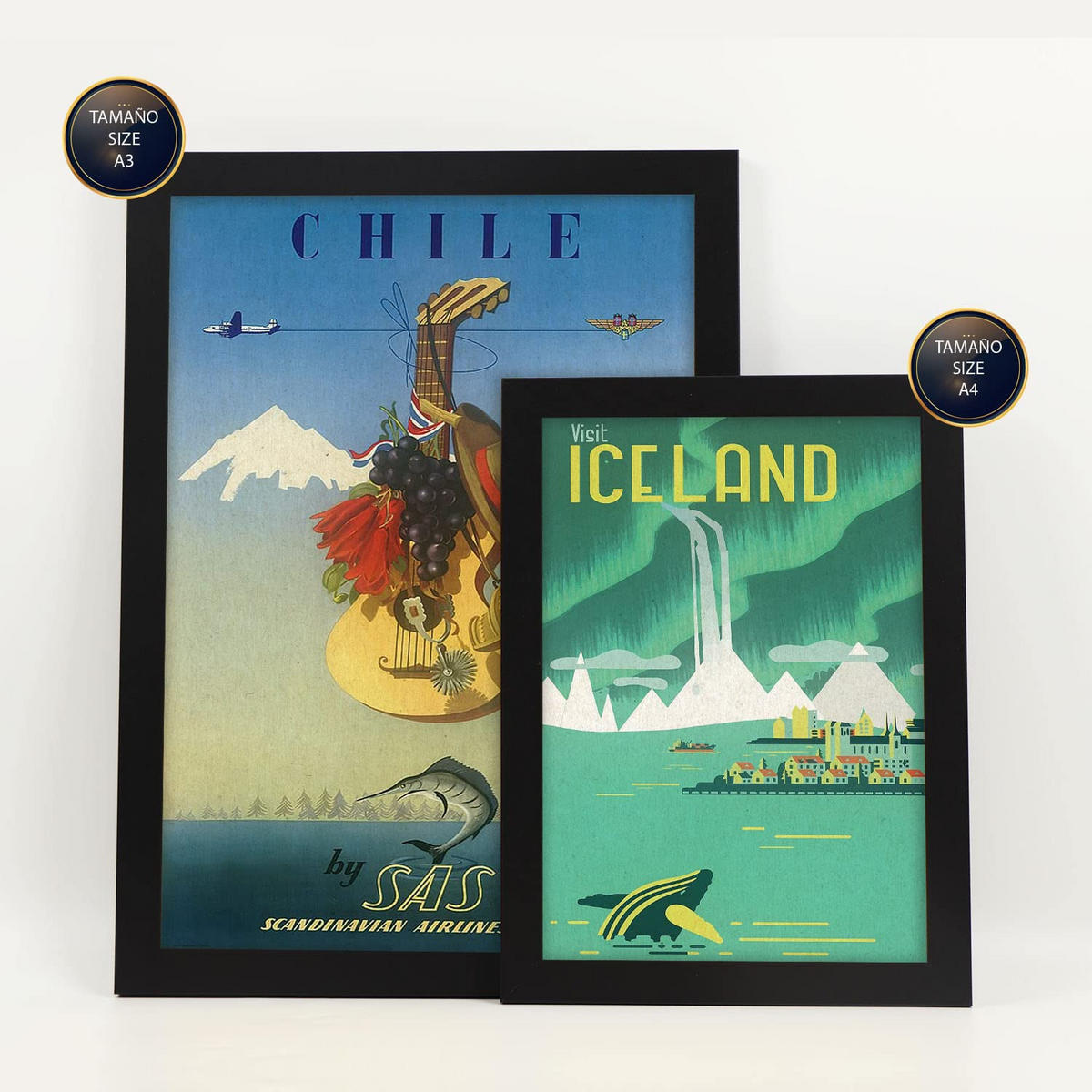 POSTER Set Mit 6 Land & Stadt Größe A3 & A4 Schwarzer Rahmen - Schwarz, Papier (29.7/1cm) - Nacnic