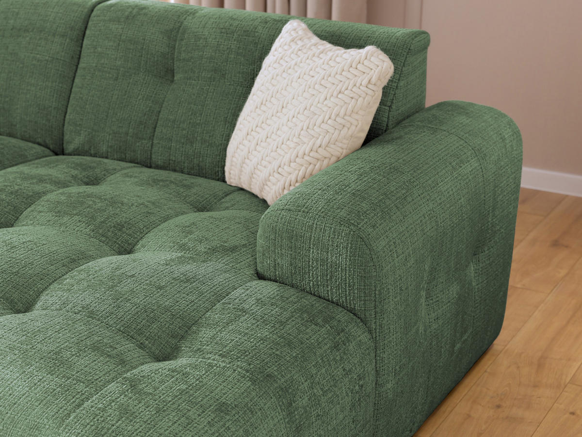 ECKSOFA mit Ottomane rechts, raffinierten Steppungen, Wellenunterfederung, B234/T161/H79 cm, Chenille-Bezug in Grün / 21039 - Schwarz/Grün, Kunststoff/Textil (234/79/161cm) - luma-home