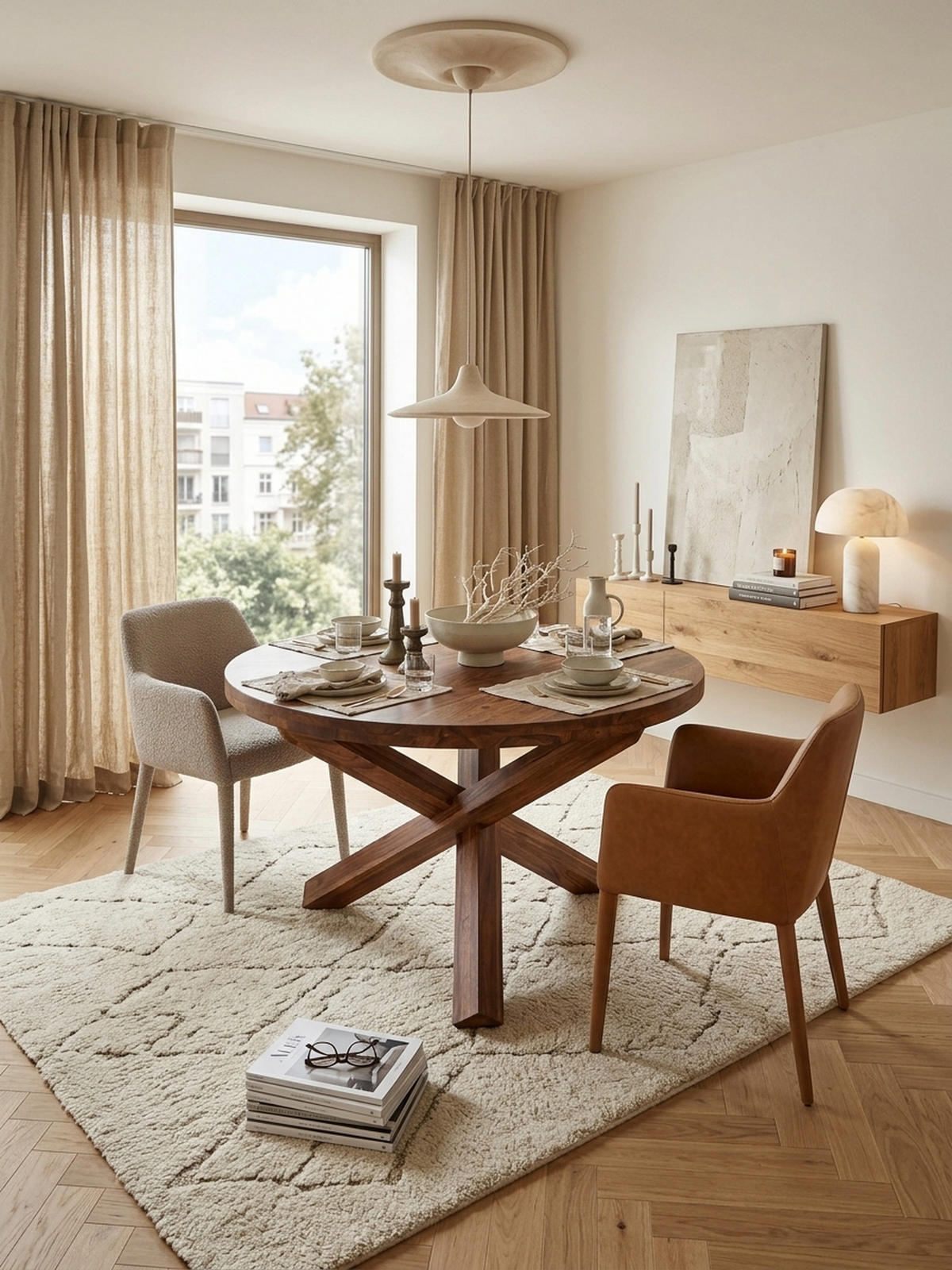 ESSTISCH Massivholz Rund Kreuzbeine Handgefertigt TEKO, Braun 120x120x75 cm - Braun, Holz (120/120/75cm) - KADIMA DESIGN