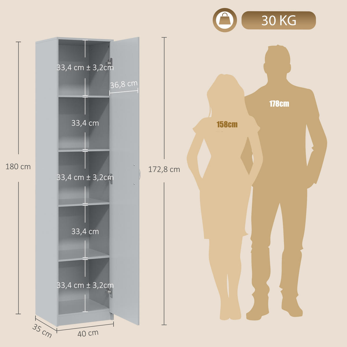 KÜCHENSCHRANK Spanplatte Grau - Alufarben/Grau, Holzwerkstoff/Metall (35/180/40cm) - HOMCOM