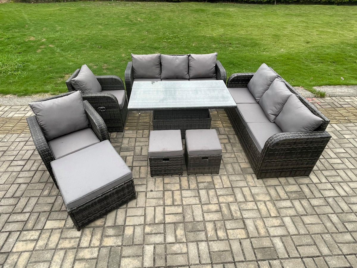 SITZGRUPPE GARTENSET Polyrattan Outdoor 11-Sitzer - Dunkelgrau/Grau, Glas/Kunststoff - Fimous