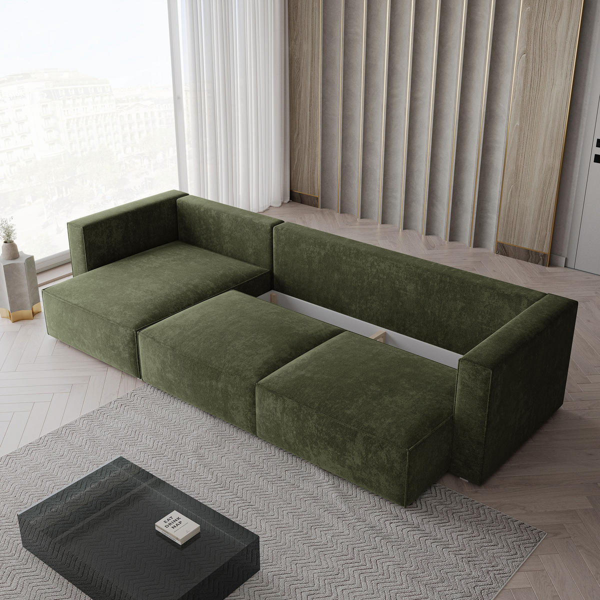 ECKSOFA TOLMO LM Grün Chenille mit Schlaffunktion - Grün, Holzwerkstoff/Textil (347/148cm) - MASSENO