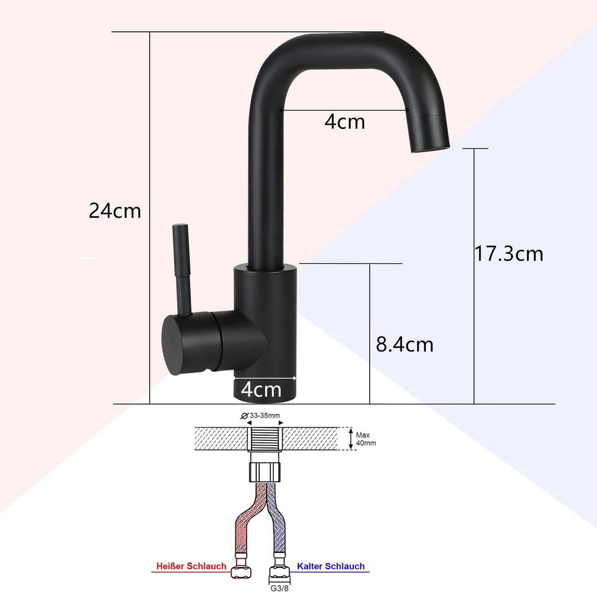 WASCHTISCHARMATUR Nora - Schwarz, Metall (6/24/24cm) - Nettlife