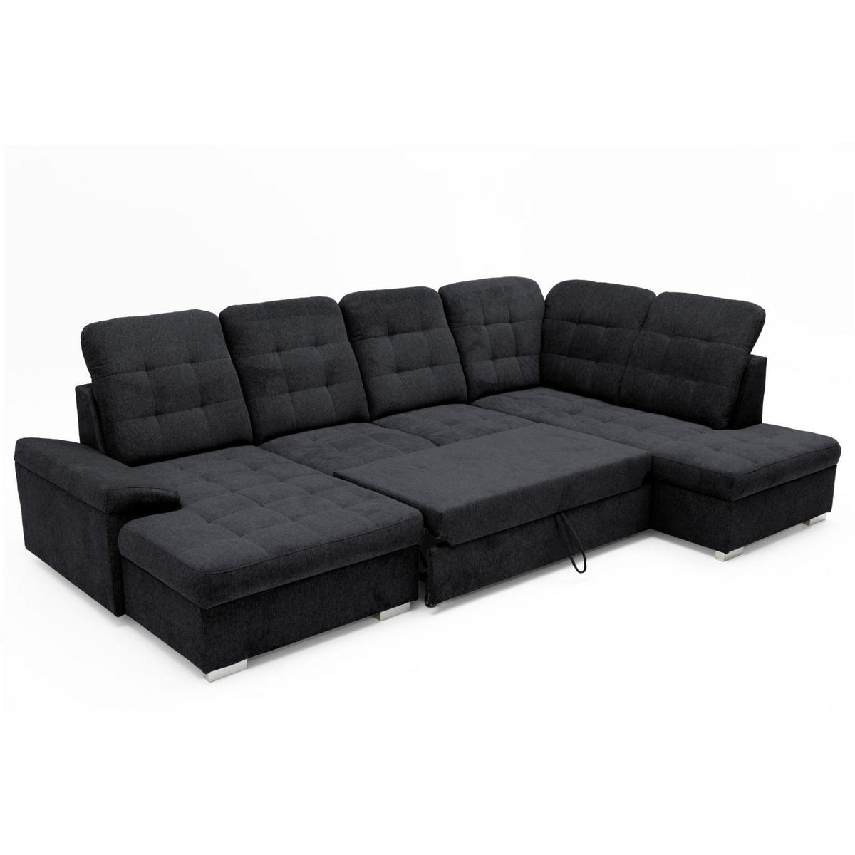 ECKSOFA U-Form OLIVIA U Rechts mit Schlaffunktion 124x257 Velours Schwarz - Silberfarben/Schwarz, Holz/Kunststoff (202/103/320cm) - Muffo