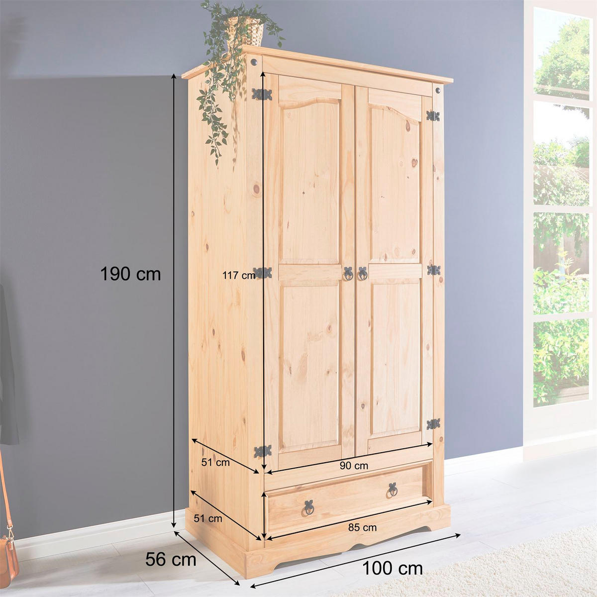 GARDEROBENSCHRANK TEQUILA - Kieferfarben, Holz (100/185/56cm) - IDIMEX