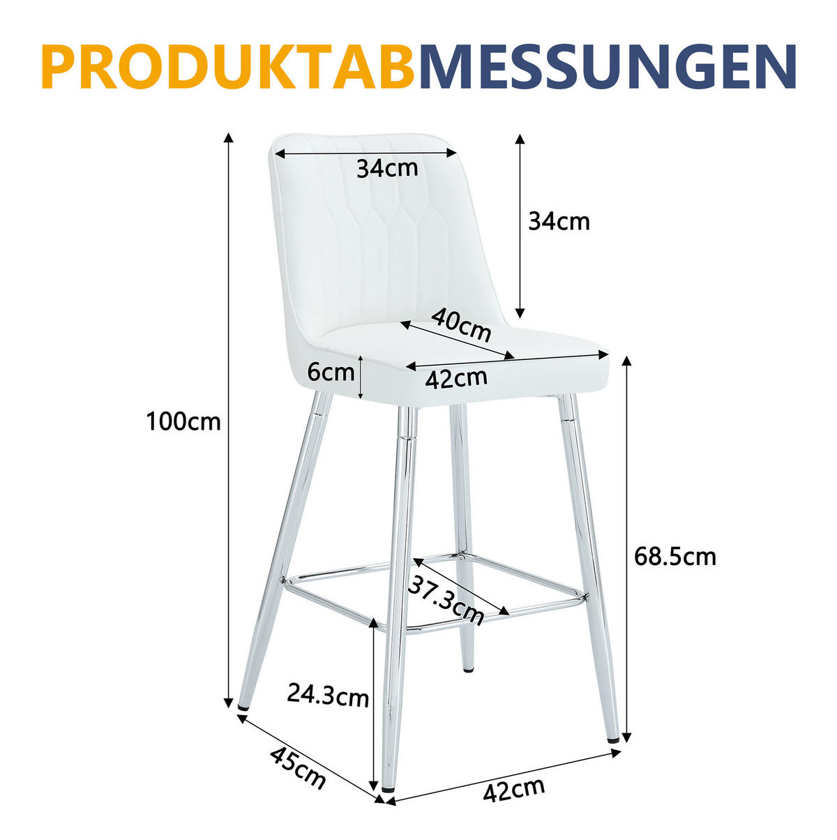 BARHOCKER 2er-Set 100 cm PU-Leder Weiß mit Metallgestell - Weiß, Metall (45/100/42cm) - Meubliv