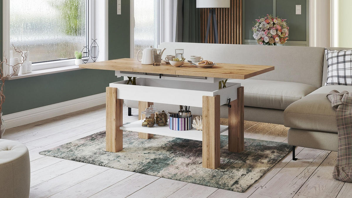 COUCHTISCH rechteckig Eiche Wotan - Weiß ausziehbar höhenverstellbar - Eiche Wotan/Weiß, Holzwerkstoff (68/110/59cm) - designimpex