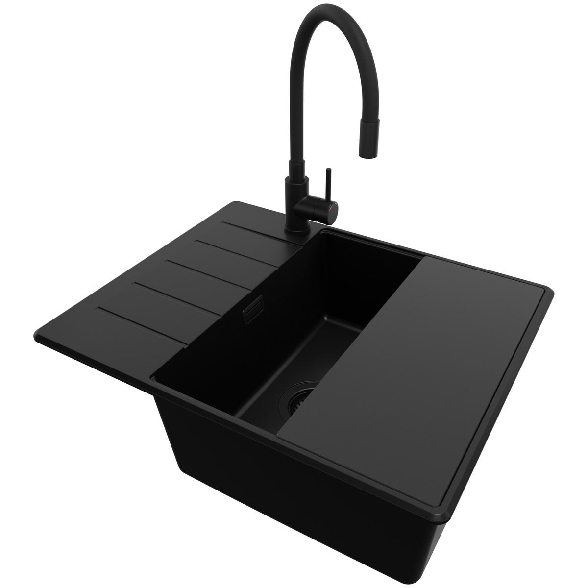 GRANITSPÜLE Kopenhagen, 2-er set Alles Schwarz 62/50 cm 1 Becken + Küchenarmatur 40/38 cm + Ablauf-Set + Schneidebrett ab 50er Unterschrank - Schwarz, Kunststoff (62/20/50cm) - Primagran