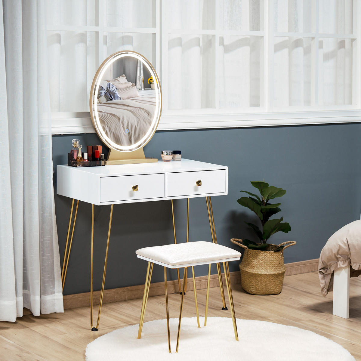 SCHMINKTISCH Kosmetiktisch mit Hocker 2 Schubladen 1 Lippenstiftraster MDF Weiß - Weiß, Holzwerkstoff (40/136/80cm) - HOMCOM