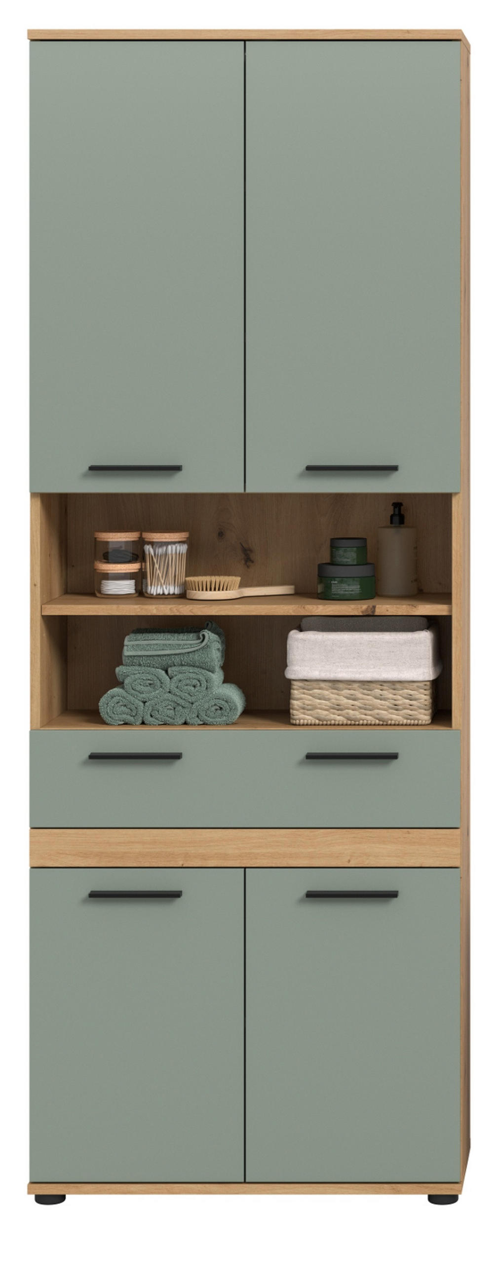 HOCHSCHRANK Salbei, Artisan Eiche 70 x 191 cm, Badschrank mit viel Stauraum - Salbeigrün/Schwarz, Holzwerkstoff/Kunststoff (70/191/31cm) - Inn.Furn